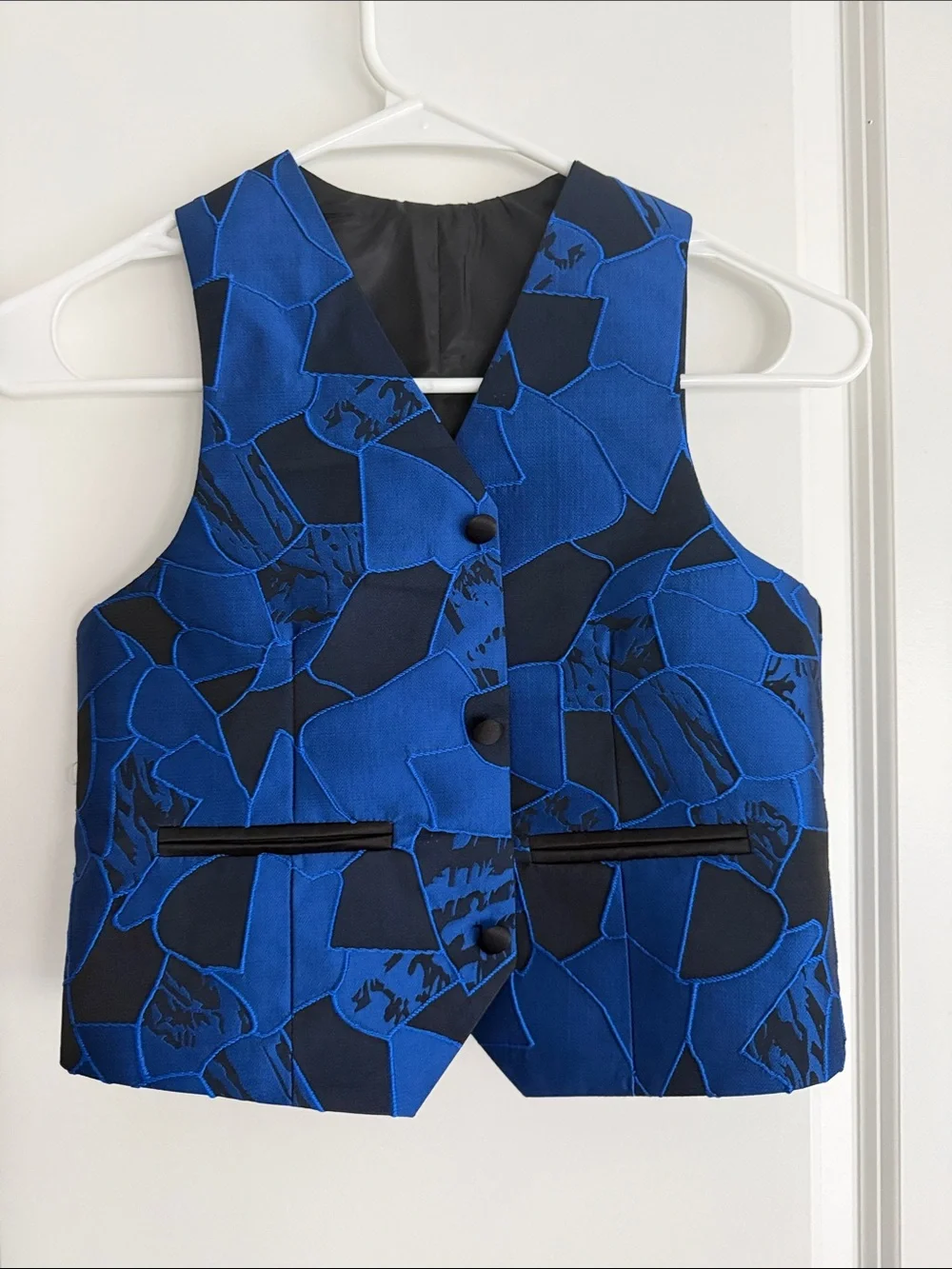 Blue and Black Floral Pattern Tuxedo Jacket, Vest and Pant Set Youth Boy Size 8